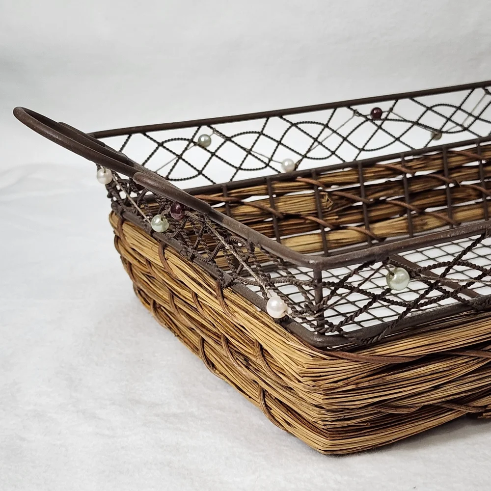 Rustic Rectangular‎ Woven Wicker Basket With Wire Handles and Frame